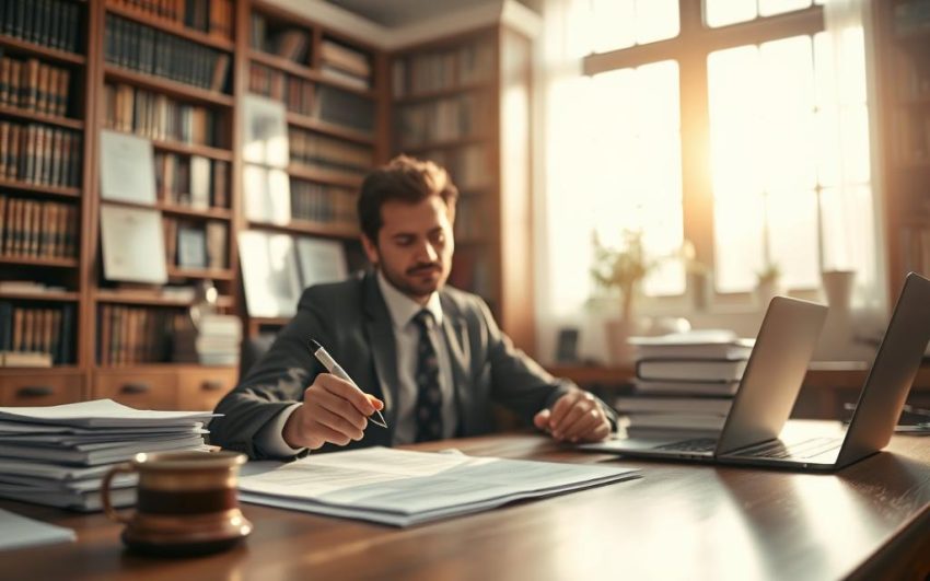 A Sunlit Office, The Air Filled With A Sense Of Diligence And Focus. In The Foreground, A Lawyer Sits At A Wooden Desk, Meticulously Reviewing A Contract, Pen In Hand. The Middle Ground Reveals Stacks Of Legal Documents, A Laptop, And A Cup Of Steaming Coffee, Signifying The Intellectual Rigor Of Contract Drafting. In The Background, Floor-To-Ceiling Bookshelves Line The Walls, Casting A Warm, Scholarly Glow Over The Scene. The Lighting Is Soft, Yet Purposeful, Accentuating The Concentration And Attention To Detail Required For Successful Contract Negotiation And Litigation Support. The Overall Atmosphere Is One Of Professionalism, Expertise, And A Commitment To Providing Comprehensive Legal Services To Businesses.