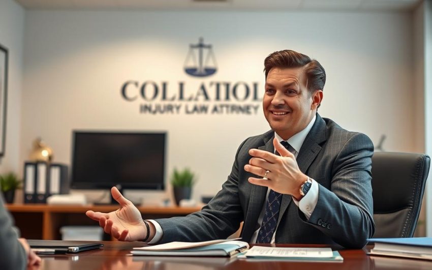 A well-lit office setting with a confident, professional-looking injury attorney gesturing while discussing case details with a client. The attorney is dressed in a tailored suit, sitting at a desk in the foreground, with case files and a computer in the middle ground. The background features law firm branding and decor, conveying a sense of authority and expertise. Soft, directional lighting creates depth and highlights the attorney's expression. The overall mood is one of competence, trust, and attention to detail.
